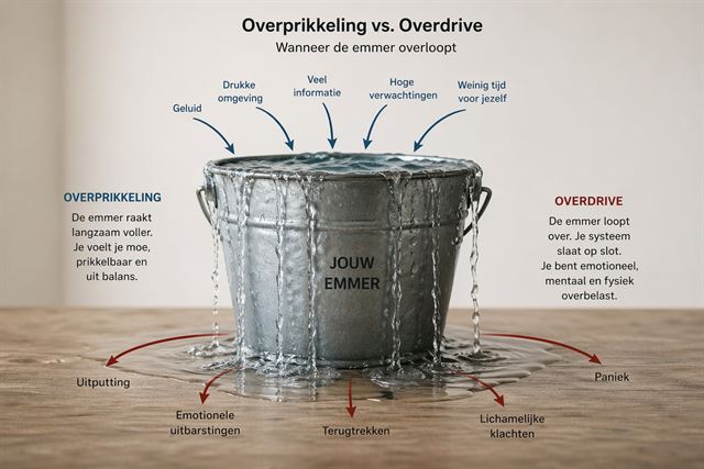 Overprikkeling en overdrive bij HSP weergegeven met een overlopende emmer